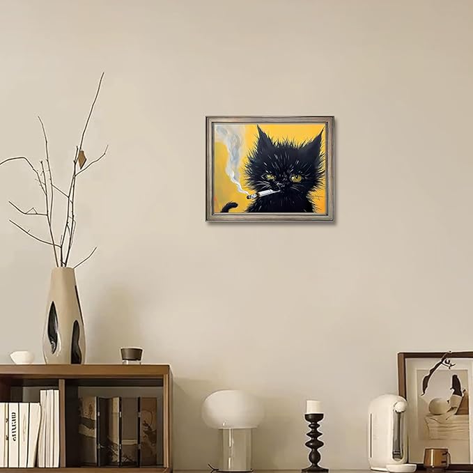 Vintage Framed Wall Decor Black Cat Painting Cat Portrait Wall Art Canvas Print Poster for Mens Room Bathroom Decor