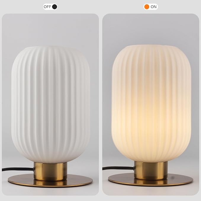Small Bedside Table Lamp Milk Glass Table Lamp Vintage Gold Nightstand Lamp Mid Century Modern Lamps White Bedside Lamp with Brass Metal Base for Bedroom Living Room Study Office Corner