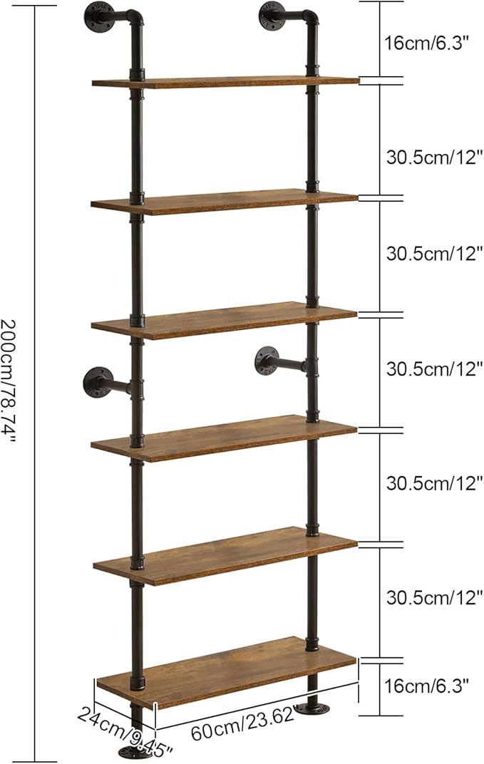 YMYNY Industrial Pipe Ladder Shelf, 6-Tier Wall Mounted Bookcase with Metal Frame, 78.7" Open Bookshelf, Multifunctional Storage Rack for Home Office, Living Room, Plant Stand, Rustic Brown, RF-TM018