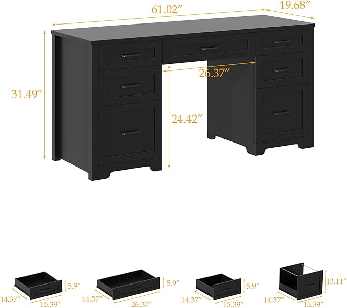 Vabches Farmhouse 61'' Executive Desk with 7 Drawers, Rustic Office Desk Computer Table with File Drawers, Wood Workstation for Home Office and Study,Pure Black