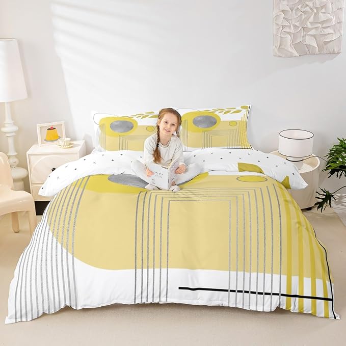 Erosebridal Yellow and White Abstract Boho Twin Comforter Cover Minimalist Aesthetic Neutral Duvet Cover Mid Century Modern Bed Set Botanical Leaves Geometric Bedding Set