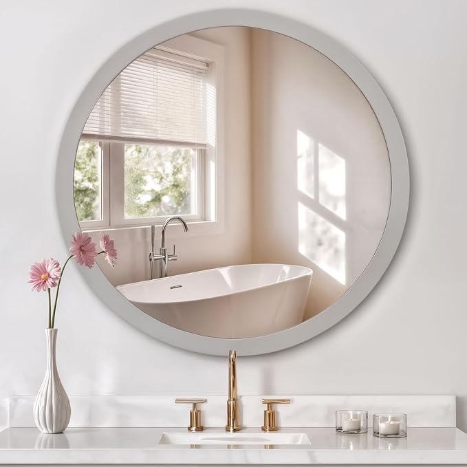 ARIEL Round Wooden Mirror 36" in Grey, Wood Circle Wall Mirror for Bathroom, Vanity, Entryway & Living Room Decor, Farmhouse Style