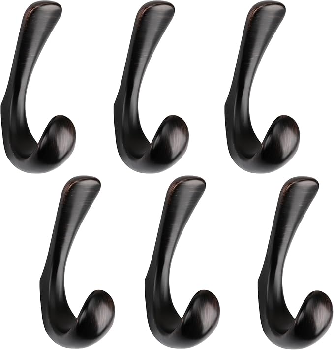 6 Pack Towel Hooks for Bathrooms Wall Mounted, Oil Rubbed Bronze Bathroom Hooks for Towels, Robe & Towel Hook for Wall, Modern Bath Towel Hook