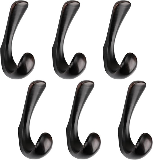 6 Pack Towel Hooks for Bathrooms Wall Mounted, Oil Rubbed Bronze Bathroom Hooks for Towels, Robe & Towel Hook for Wall, Modern Bath Towel Hook