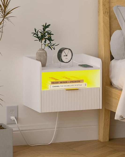 White Floating Nightstand with Charging Station and LED Lights (White)