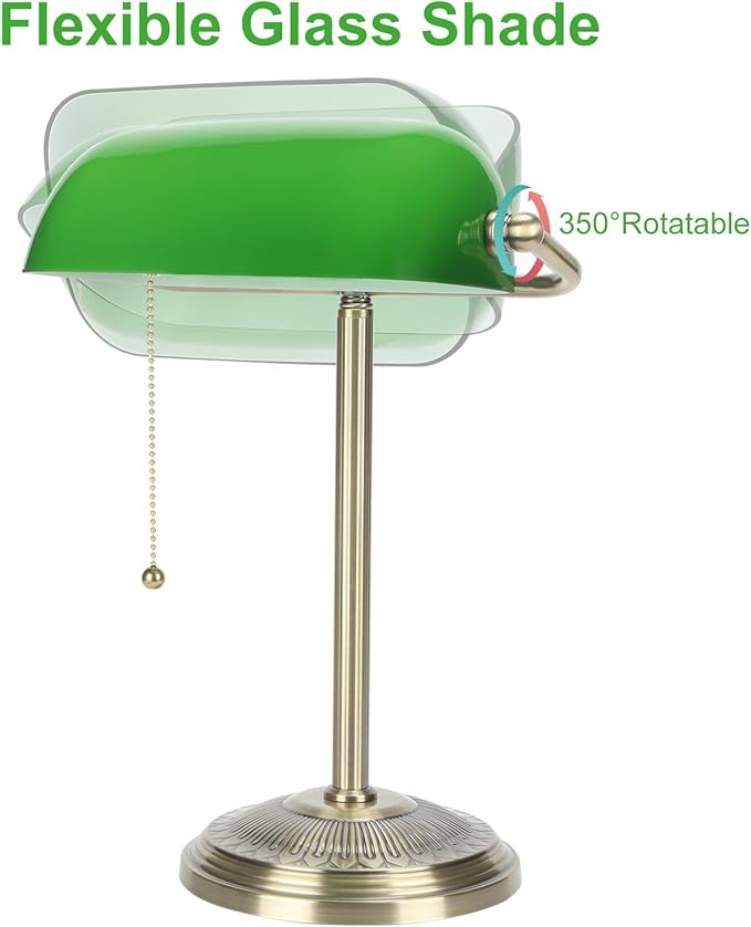 Bankers Lamp, Green Desk Lamp with Brass Finish, Classic Table Lamp with Pull Switch for Home, Office, Study (Green)
