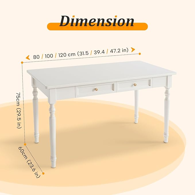 French Country Style White Writing Desks with Drawers, 47" Solid Wood Farmhouse Computer Table for Home Office, Living Room Study or Workspace (White)
