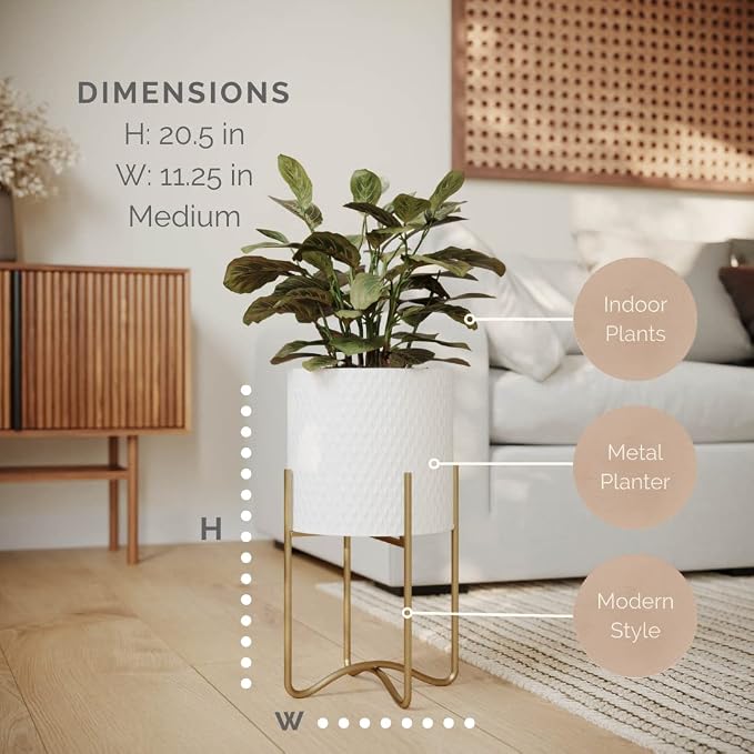 EverNest Claire Mid-Century Modern White Plant Pot with Ambrose Stand, SelectBase, Indoor Planter, Bohemian Style, Minimalist Plant Home Décor (Medium, Gold)