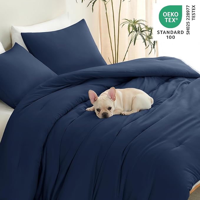 CozyLux Full Size Comforter Set Navy Blue, 3 Pieces Lightweight Down Alternative Quilted Bedding Sets, All Season Soft Breathable Solid Comforter with 2 Pillowcases, Luxury Bed Set Gift for Home