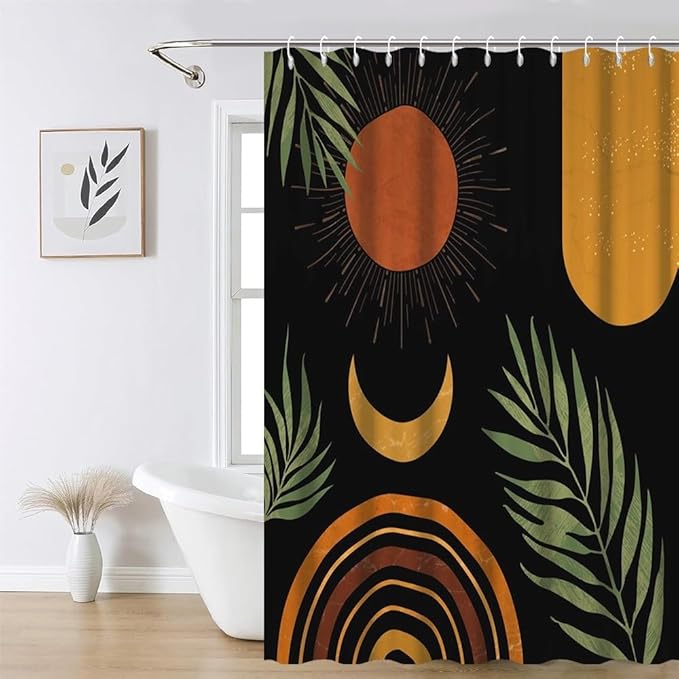 Black Mid Century Boho Shower Curtain for Bathroom Green Leaves Arch Sun Moon Shower Curtains Bohemian Abstract Bathroom Decor Set Washable Waterproof Polyester Fabric with Hooks 72x78 Inch