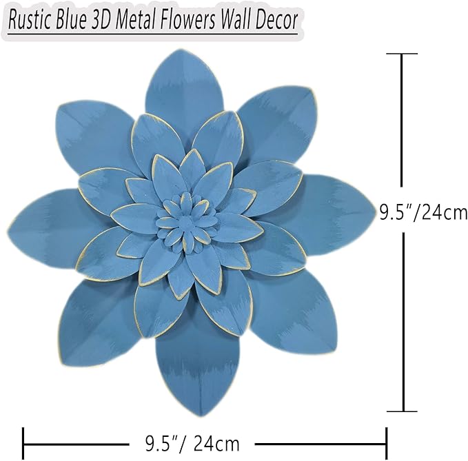 Ocean Blue Metal Flower Wall Art Decor, 9.5“ Rustic Modern Floral Sculpture, Distressed Hanging Home Decoration Accent Artworks for Indoor Bedroom Living Room Office Outdoor Garden Patio