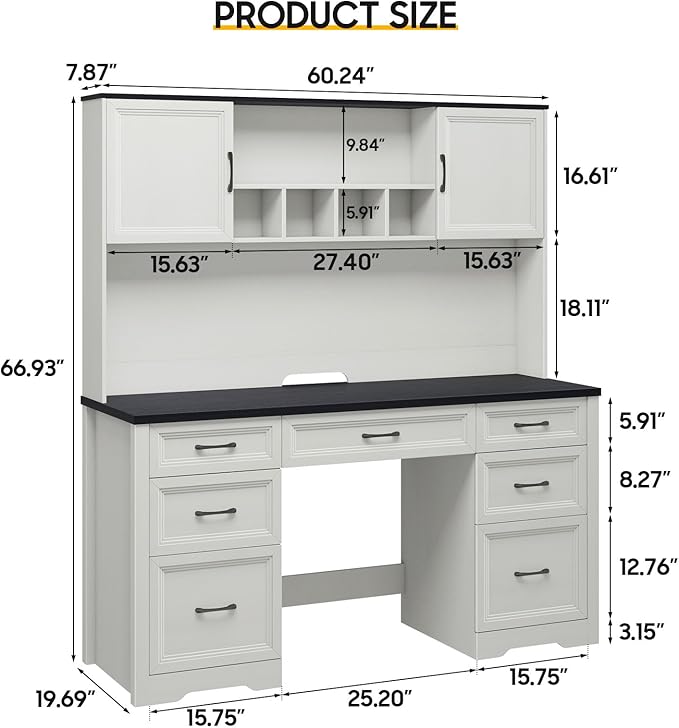Vabches Farmhouse Executive Desk with 7 Drawers and Storage Cabinet, Rustic Large Home Writing Desk with Hutch, Workstation for Bedroom, Black