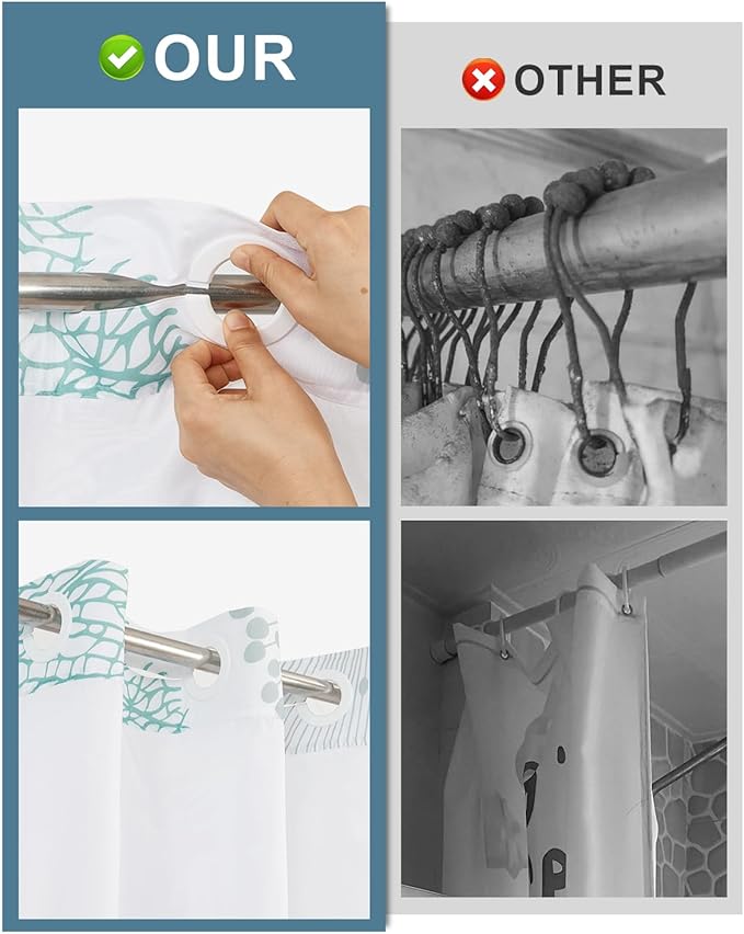 No Hook Shower Curtain with Snap in Liner Set - Sea Seashells, Starfish & Coral Print Shower Curtains for Coastal Nautical Ocean Bathroom, Waterproof Bath Curtain with Mesh Top, 71x74 Inch