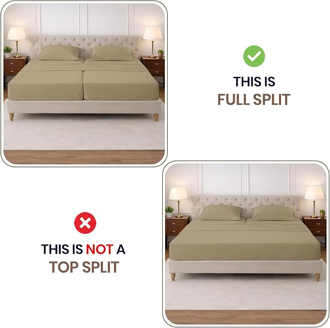 SGI Split King Sheet Set for Adjustable Bed Egyptian Premium Cotton 600 Thread Count Sheets for Sleep Number Bed 15" Deep Pocket 5 Pc Set with 2 Twin XL Fitted Sheets Soft Breathable -Taupe