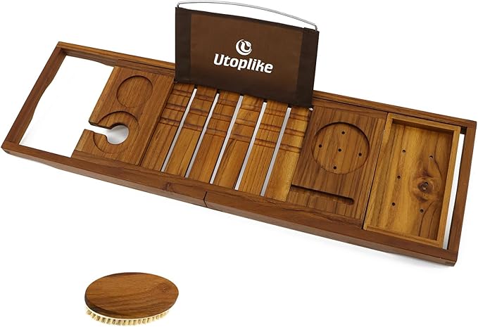 Utoplike Teak Bathtub Caddy Tray Bath Tray for Tub, Bamboo Shower Bench with Storage