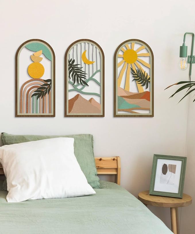 Putuo Decor Boho Wall Art Set of 3, Modern Minimalist Wooden Wall Decor, Nature-Inspired Abstract Aesthetic Room Decorations, Mid-Century Artwork for Living Room, Bedroom, Office (White, 16×8 in