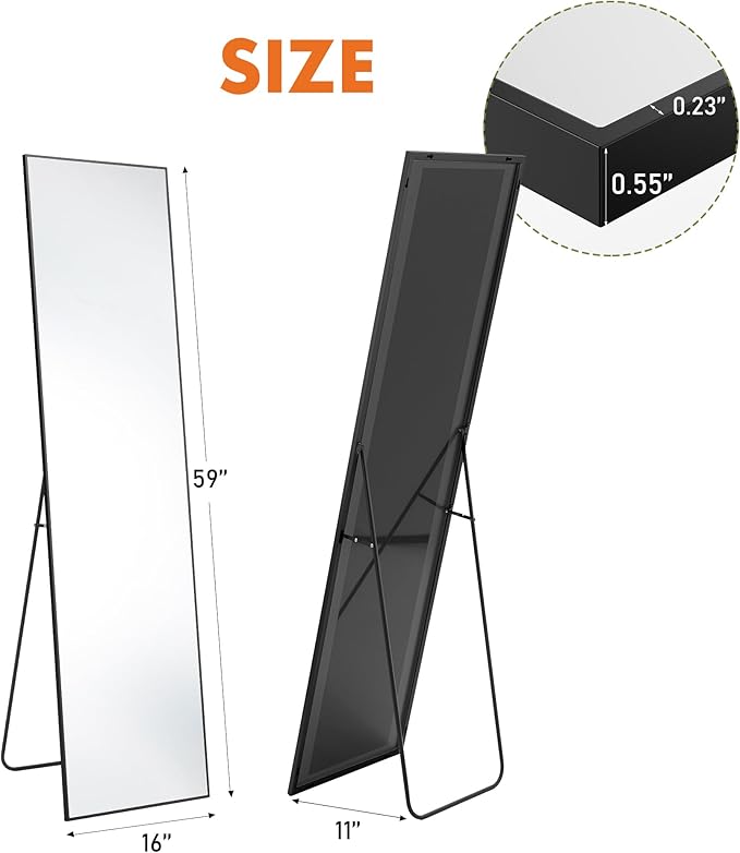OLIXIS Full Length Mirror 59"x16.3" for Bedroom, Full Body Mirror with Stand, Hanging or Leaning for Wall, Aluminum Alloy Thin Frame Floor Standing for Living Room, Long, Black