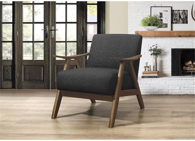 Lexicon Mid Century Modern Accent Chair with Solid Wood Frame in Walnut Finish, Upholstered Living Room Lounge Arm Chair, Thick and Comfy Innerspring Seat Cushion, Linen-Look Fabric, Dark Grey