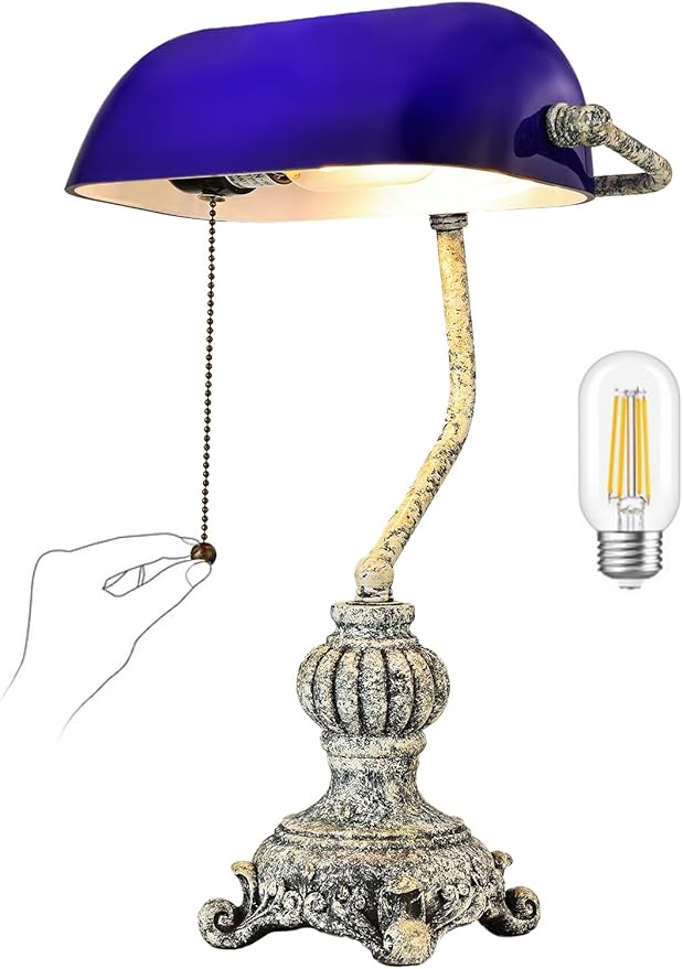 Retro Blue Glass Bankers Desk Lamp for Home Office,Library with Pull Chain Switch Plug in Fixture, LED Bulb Included