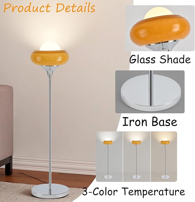 Mid-Century Modern Orange Floor Lamp,Bauhaus Style Mushroom Lamp for Reading,Tall Standing Lamp with Glass Lampshade for Living Room Bedroom and Office