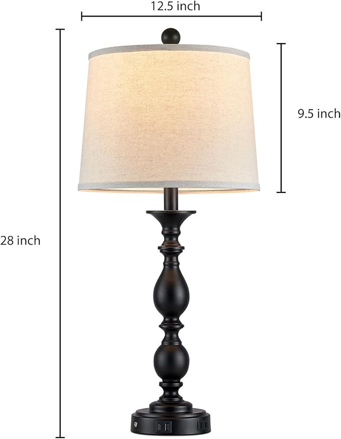28" Black Modern Table Lamps Set of 2 with USB C+A Ports and AC Outlet, 3 Way Touch Control Tall Bedside Lamps for Bedroom, Metal Farmhouse Nightstand Lamps for Living Room