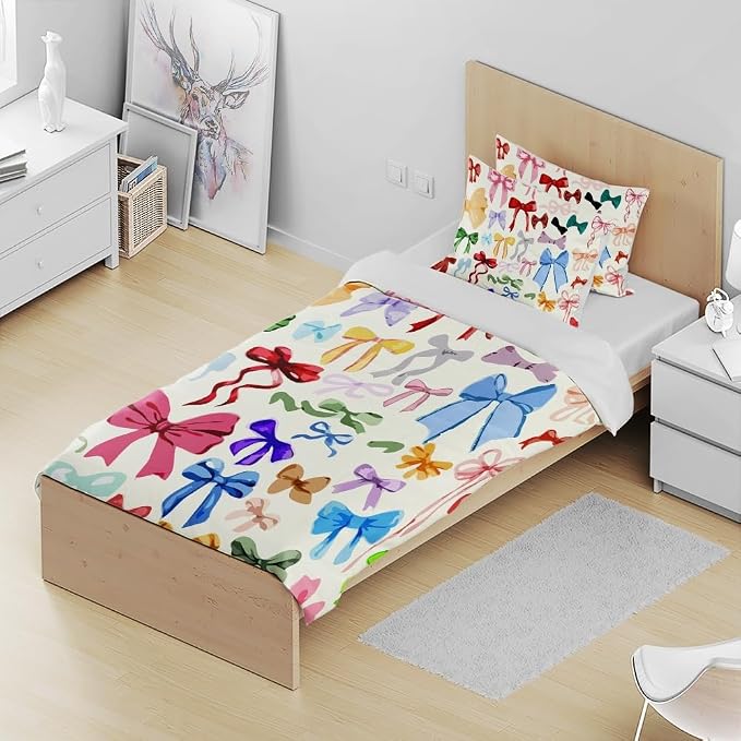 Colorful Bow Duvet Cover Twin Size Watercolor Bows Printed Coquette Bedding Set 3Pcs Kids Girls Cute Comforter Cover with Zipper Closure Soft Breathable Microfiber Twin Size 68"x88"