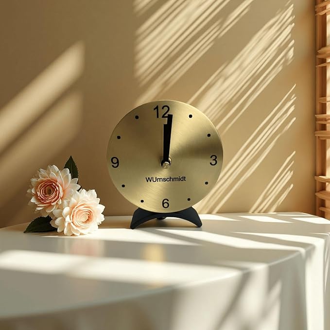 Solid Brass Small Gold Table Clock - Silent Non-Ticking, Battery Operated for Living Room Mantel, Desk or Shelf Decor