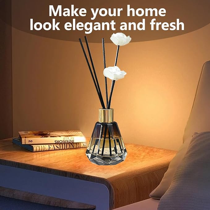 2Pcs 60ml/2oz Empty Refillable Amber Diamond Shape Glass Diffuser Bottle with Gold Lid Essential Incense Oil Diffuser Jars Fragrance Scent Diffuser for Home Office Shelf Decor (Exclude Sticks)