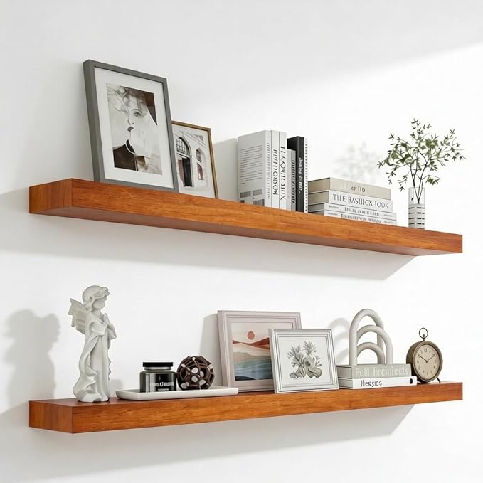 IEO Long Wooden Floating Shelves for Room Wall, Natural Wood Floating Shelves Wall Mounted Kitchen Shelf for Living Room, Bedroom, Kitchen,Bathroom, Storage (Honey Oak, 48in 2tier)
