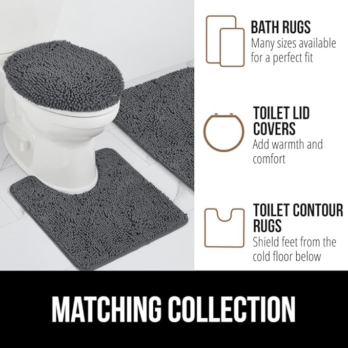GORILLA GRIP Plush Absorbent Shaggy Chenille Bath Rug Mat for Oval Toilet Base with Rubber Backing, Machine Washable Rugs, Soft Microfiber Contour Mats for Toilets, Bathroom Decor, Charcoal