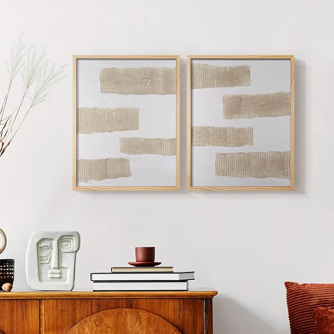 Renditions Gallery Set of 2 Peel & Stick Framed Prints, Modern Abstract Wall Art, Textured Brush Strokes Wall Decor, Re-Stickable - Ready to Hang - 8"x10" - NATURAL WOOD Frame LT588