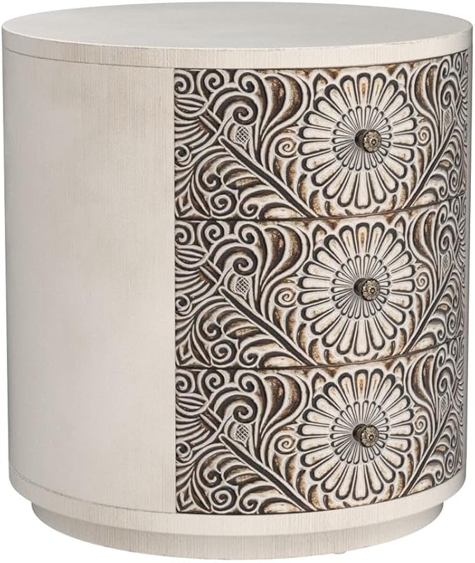 HOMPUS Round End Table with Carved Floral Pattern, Vintage Nightstand w 3 Storage Drawers, Modern 3 Drawer Dresser, Wood Retro Accent End Table for Living Room, Bedroom, Distress White