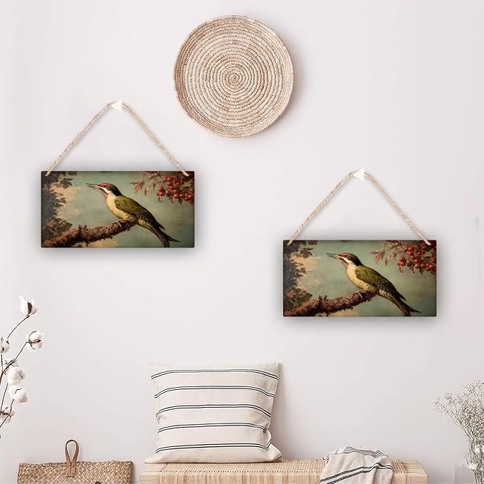 Retro Woodpecker Portrait Wooden Sign 12x6 Inch, Nature-Inspired Wall Decor for Country Homes, Study Room Accent, Ideal Gift for Bird Watchers & Vintage Art Aficionados