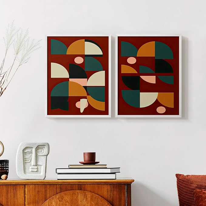 Renditions Gallery Set of 2 Peel & Stick Framed Prints, Mid Century Abstract Wall Art, Modern Geometric Shapes Wall Decor, Re-Stickable - Ready to Hang - 8"x10" - White Frame LT588