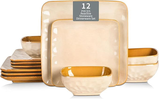 vicrays Ceramic Square 12 Pieces Dinnerware Set - Dinner Plates Salad Plates Cereal Bowls Set Service for 4 - Scratch Resistant Microwave Oven Dishwasher Safe - Beige