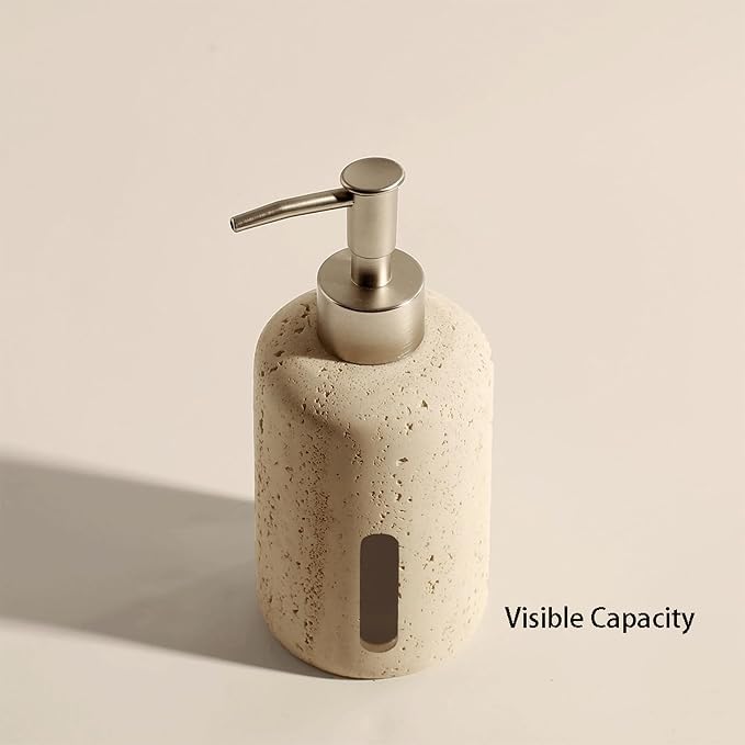 Soap Dispensing Refillable Stone Soap Dispenser Beige Travertine Liquid Shampoo Bottles Marble Hand Soap Dispenser for Bathroom Kitchen New Home Essentials
