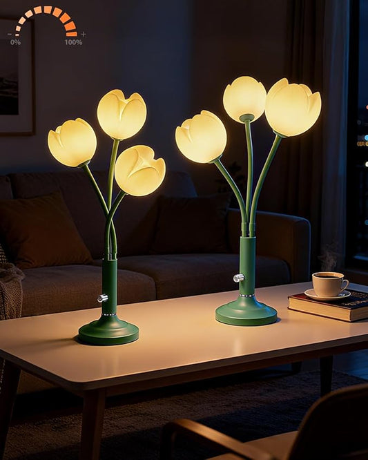 Lightdot Vintage Flower Table Lamp Set of 2, Green Small Cute Bedside Lamp with Adjustable Gooseneck& Bulbs, 3000K Warm Light Dimmable Desk Lamps Nightstand Light for Bedroom Living Room