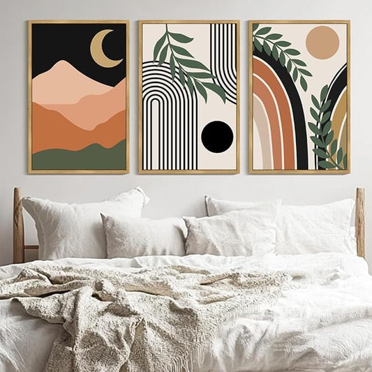 Drsoum Boho Wall Art Framed Bohemian Plant Wall Decor Abstract Geometry Artwork Hallway Living Room Prints Ready to Hang 24x36in Natural Framed