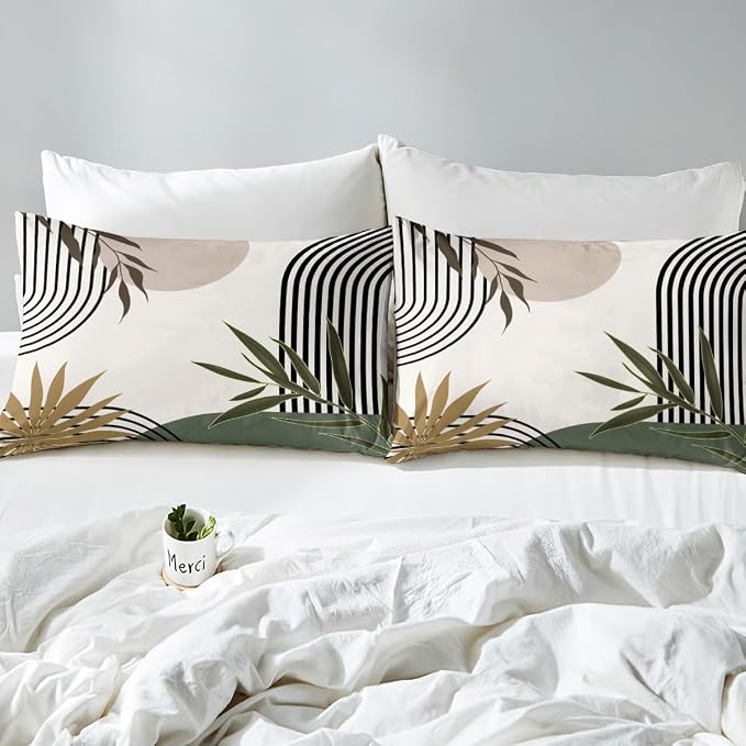 Erosebridal Abstract Green Modern Duvet Cover Twin for Kids Boys Girls,Geometric Plant Leaves Comforter Cover,Mid Century Aesthetic Bedding Set,Minimalist Simple Bed Set 2 Pcs Bedroom Decor