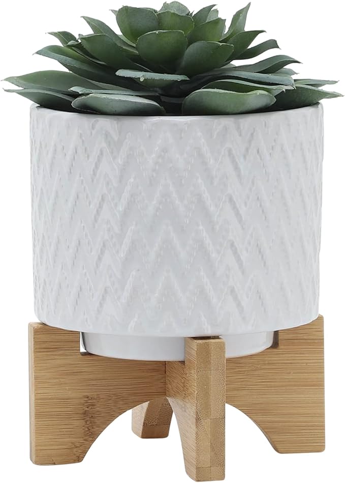Modern Ceramic Planters with Wood Stand for Home Decor Elegant Flower Pots for Entryway, Garden, and Patio - Decorative Raised Container for Indoor and Outdoor Plants - 8", White & Tan