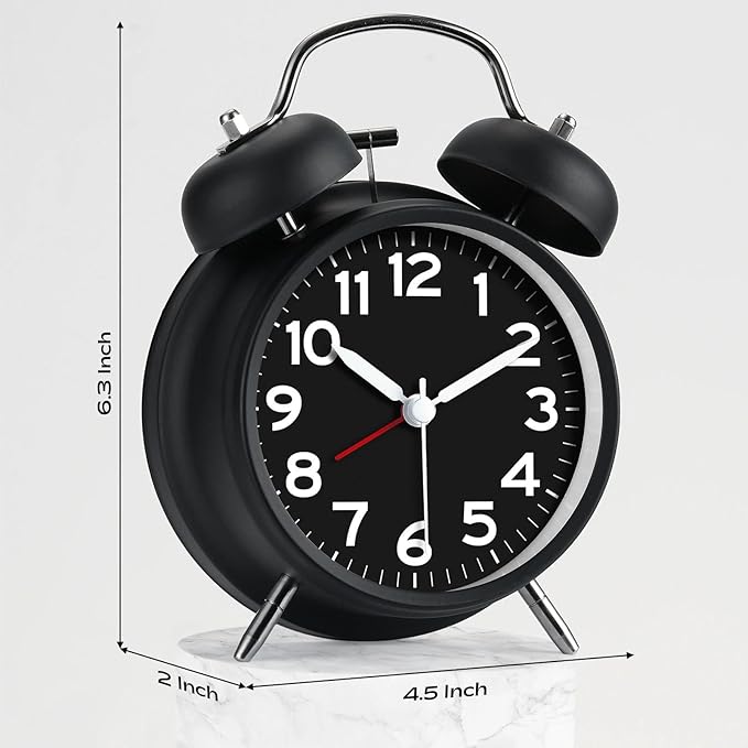 AKCISOT Loud Alarm Clock for Heavy Deep Sleepers, 4.5 Inches Analog Metal Twin Bell Clocks Battery Operated with Backlight for Bedroom Bseide, Old Fashioned for Desk Home Decoration (Black)