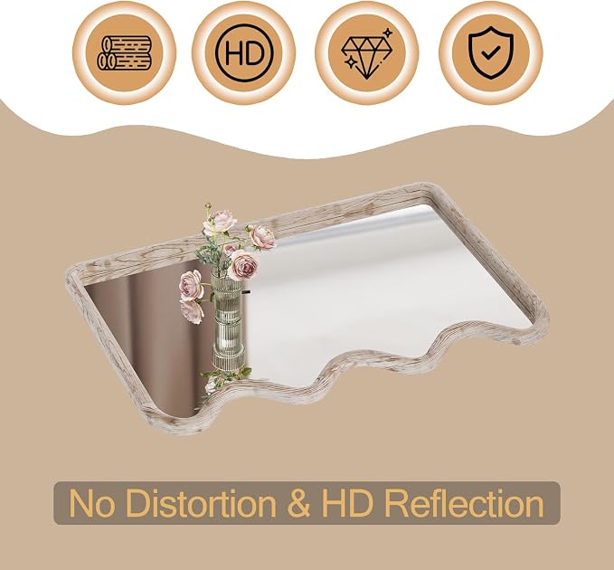 ULIKE Wavy Mirror for Wall, Rustic Wood Mirror for Bathroom Vanity, 24x36 Wooden Wall Mirrors Decorative for Bedroom, Living Room, Entryway, White