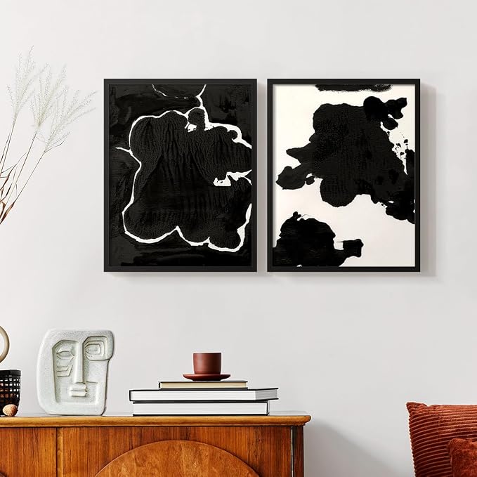 Renditions Gallery Set of 2 Peel & Stick Framed Prints, Fluid Abstract Wall Art, Black and White Inkblot Wall Decor, Re-Stickable - Ready to Hang - 16"x20" - Black Frame LT588