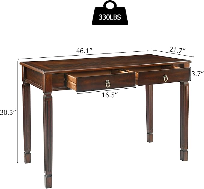 Vintage Wooden Writing Desk with 2 Drawers, Solid Computer Desk Workstation 46in Wide Study Table for Home Office, Small Secretary Table in Cherry Walnut, BSZ-D1258
