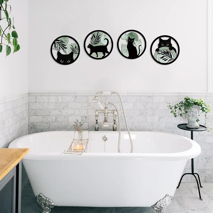 TOARTi 4PCS Boho Black Cat Wooden Wall Art,Sage Green Cats Round Wall Decor,Bohemian Green Plant Hanging Art,Minimalist Botanical Kitty Artwork for Farmhouse Bedroom Living Room Black Cats Room Decor