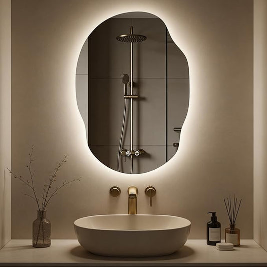 Asymmetrical Bathroom Mirror with Lights, Irregular LED Backlit Vanity Mirror, 31" H x 22" W, Anti-Fog, Dimmable Lighting with 3 Color Temperature, Memory, Hardwired, Vertical or Horizontal Mount