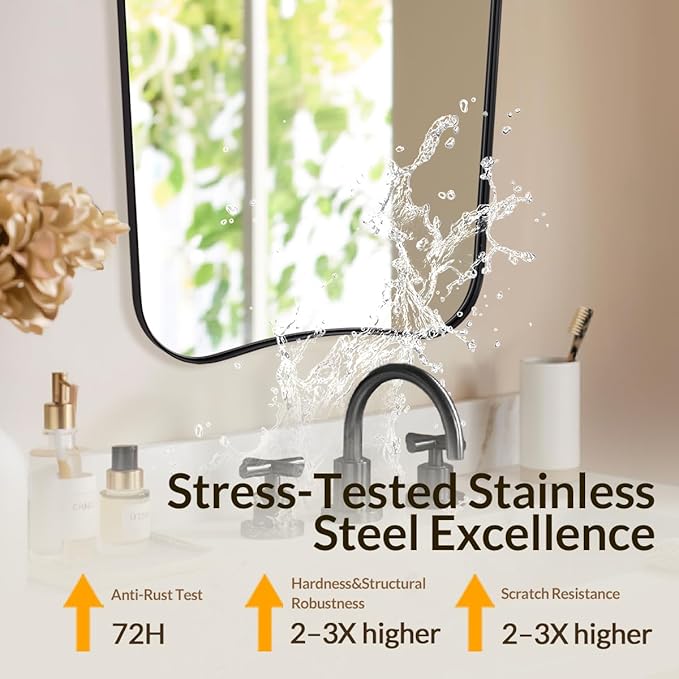 MIRRORTART Contemporary Black Bathroom Mirrors for Wall, 24x36'' Asymmetrical Scalloped Butterfly Rectangle Mirror in Stainless Steel Metal Frame for Home Decor Wall Mounted Vertical Only