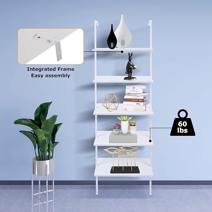 5 Tier Wall Mounted Ladder Shelf, Ladder Bookshelf with Metal Frame and Wood Shelf, Modern Learning Bookcase for Living Room, Bedroom, Office (23.6" W x 11.8" D x 70.8" H, White)
