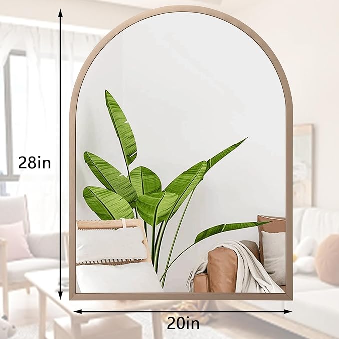 Large Arched Wall Mirror Aluminum Alloy Frame Bathroom Mirror Brushed Metal Vanity Wall Mounted Mirror for LivingRoom Bedroom Entryway Brass 28"x20"