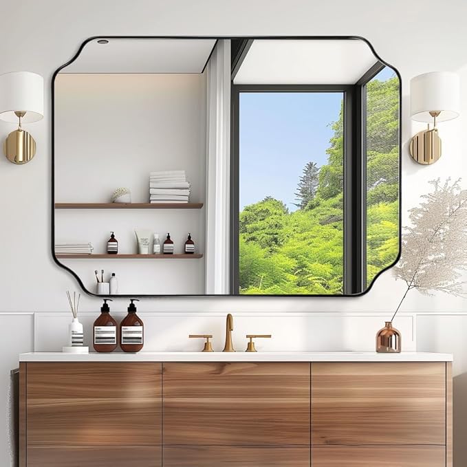 ANDY STAR 30x36 Inch Bathroom Mirror, Matte Black Vanity Mirror, Modern Scalloped Mirror in Premium Stainless Steel Metal Thin Frame, Unique Rounded Notched Corners, Hangs Vertically or Horizontally